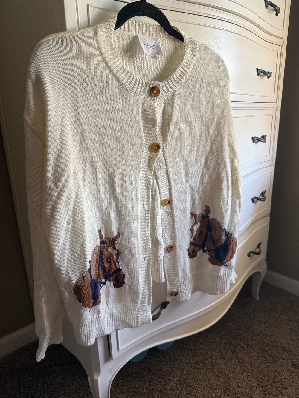 Le Lis Cream Cardigan with Brown Horse Intarsia